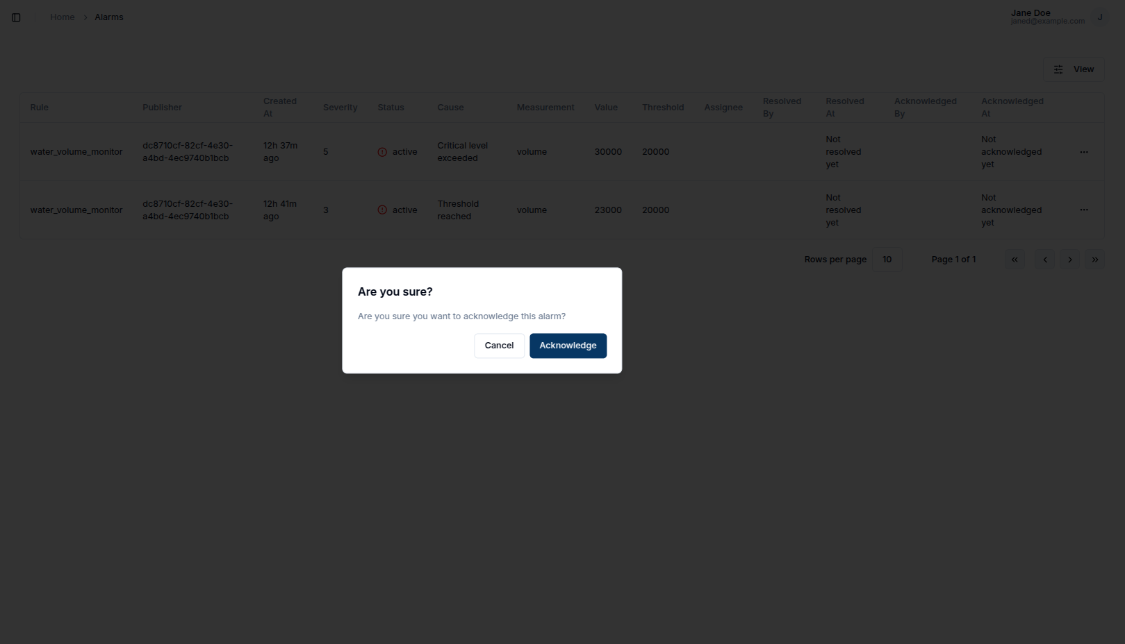 Acknowledge dialog